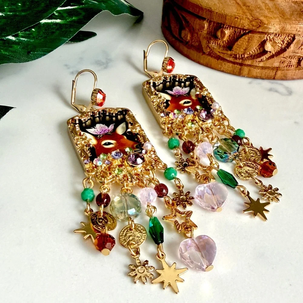 Deer Portrait Celestial Crystal Beads Earrings Vintage Style Chandelier Gold NEW